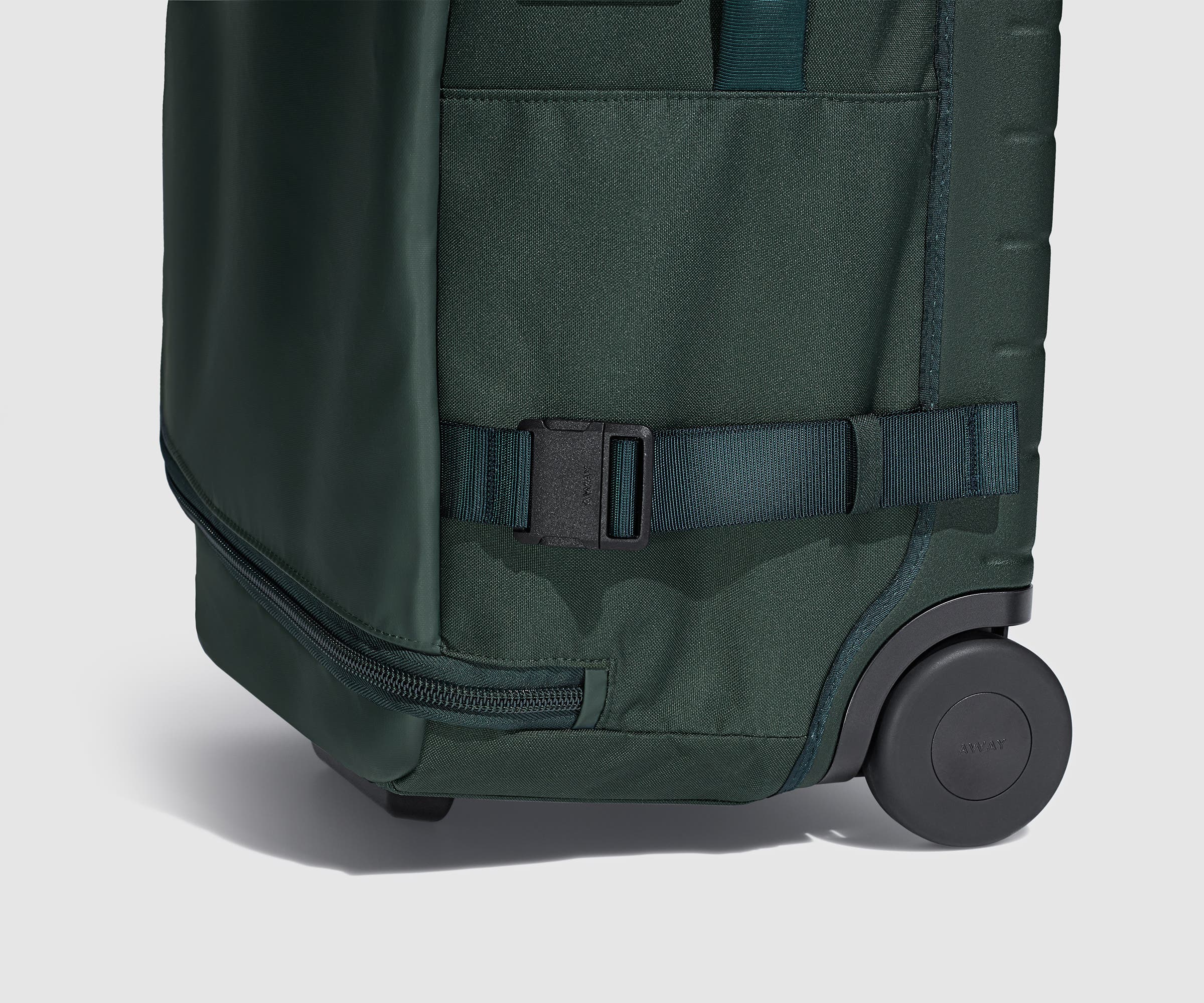 Close-up view of the exterior compression straps and wheels