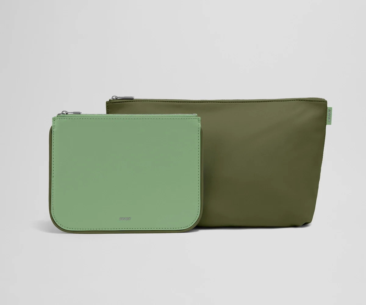 Small leather pouch and large nylon pouch in contrasting colors