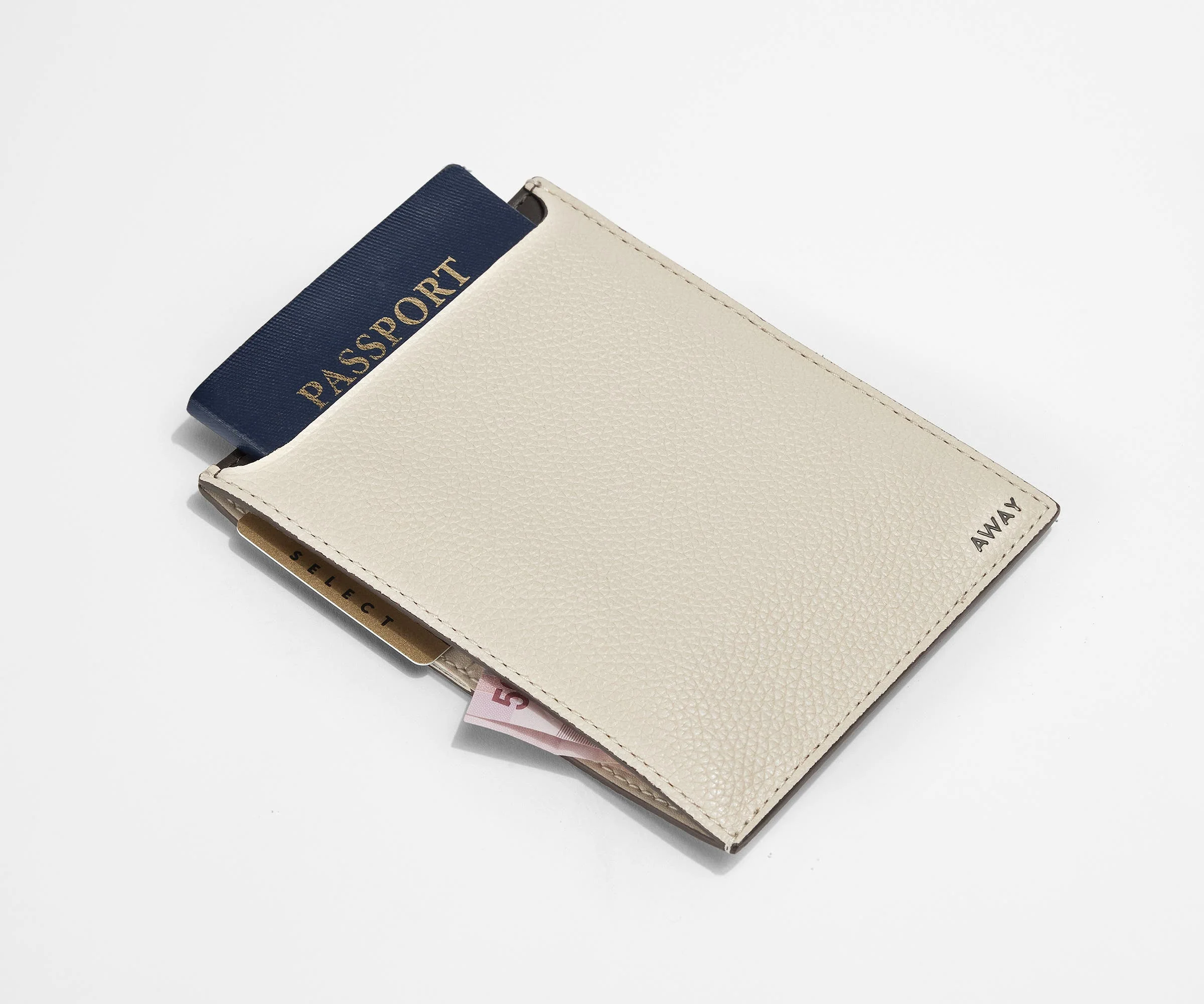 Passport wallet packed with a passport, money, and credit cards