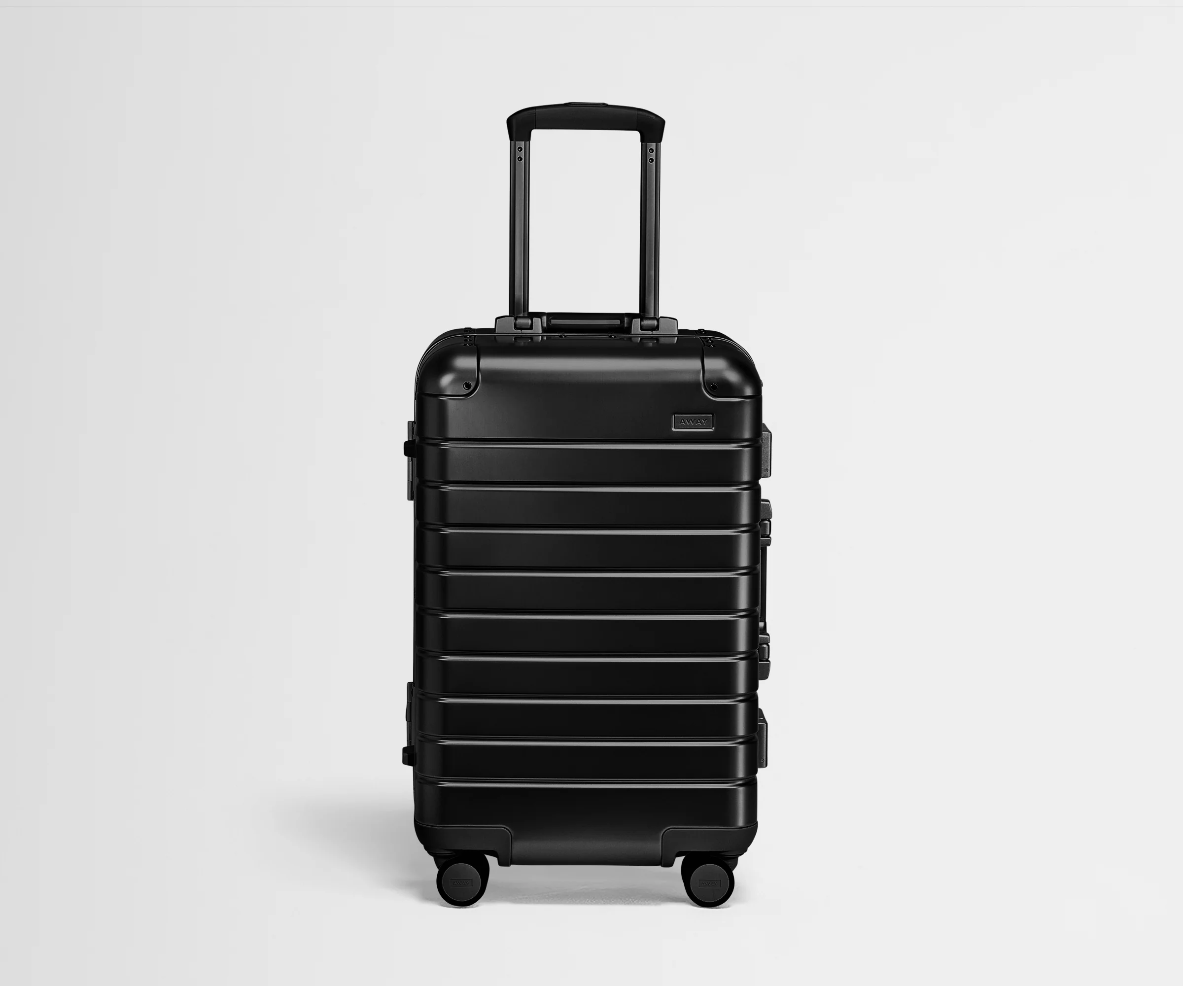 Front view of an Aluminum Bigger Carry-On with handles raised