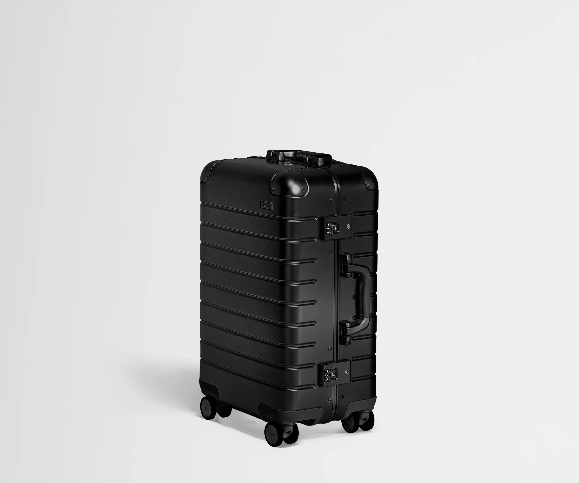Angled product view of an Onyx Black Aluminum Bigger Carry-On