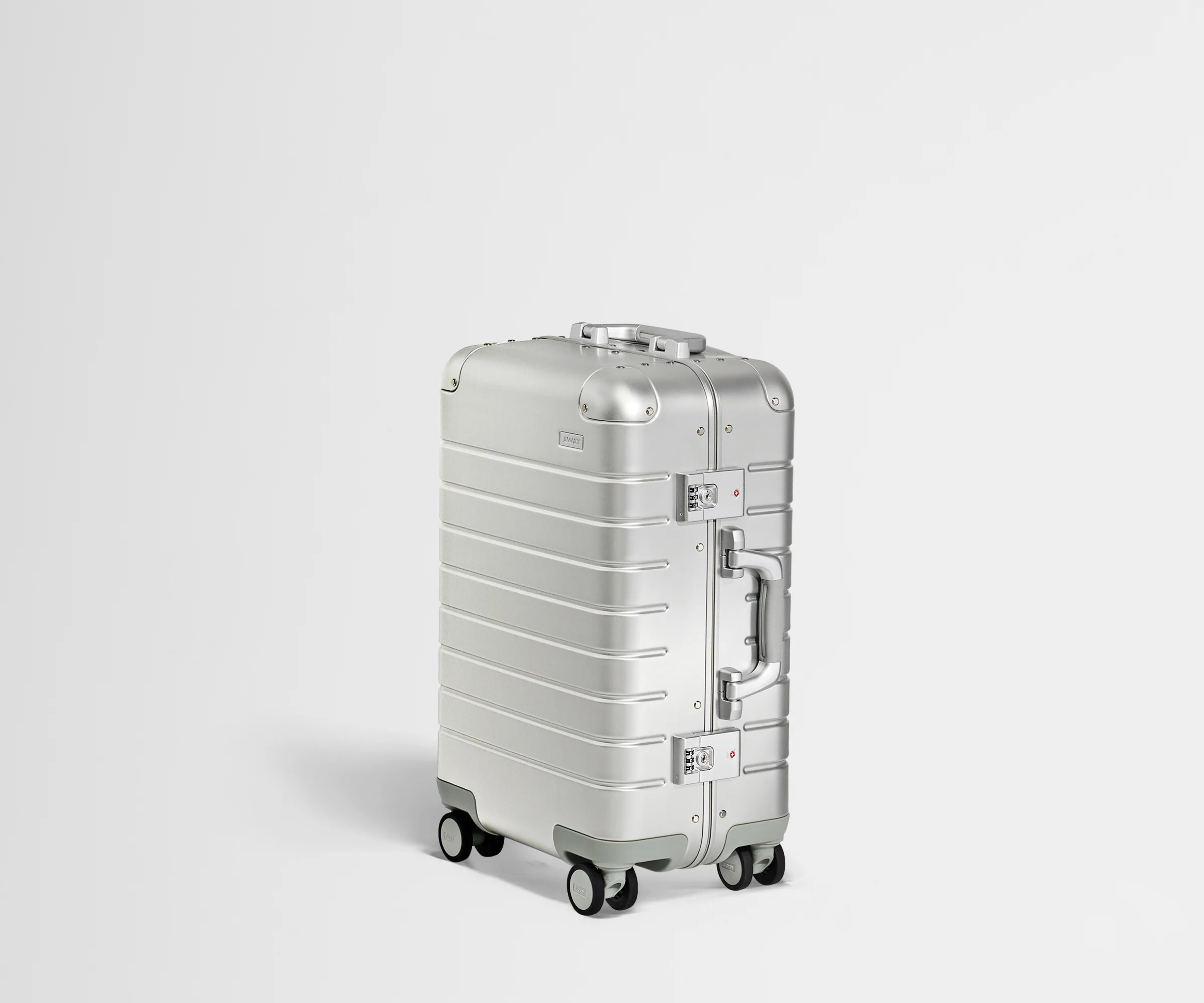 Angled product view of a Silver Aluminum Carry-On