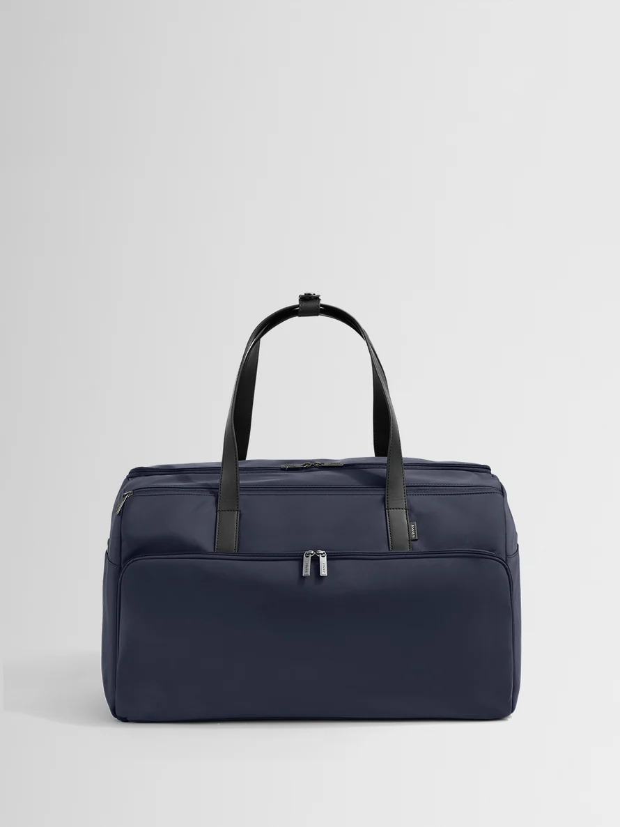 Front view of the Navy Blue Garment Duffle bag
