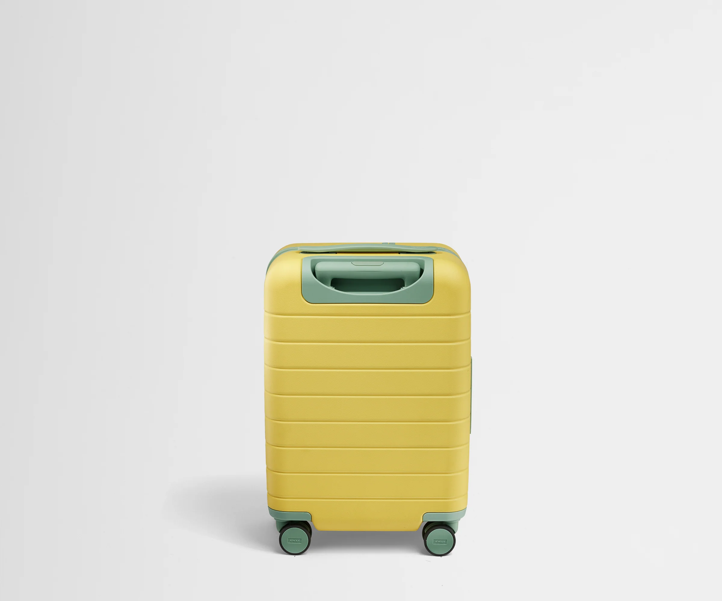 Back product view of The Kids Carry-On suitcase in Sunshine Yellow with raised handle