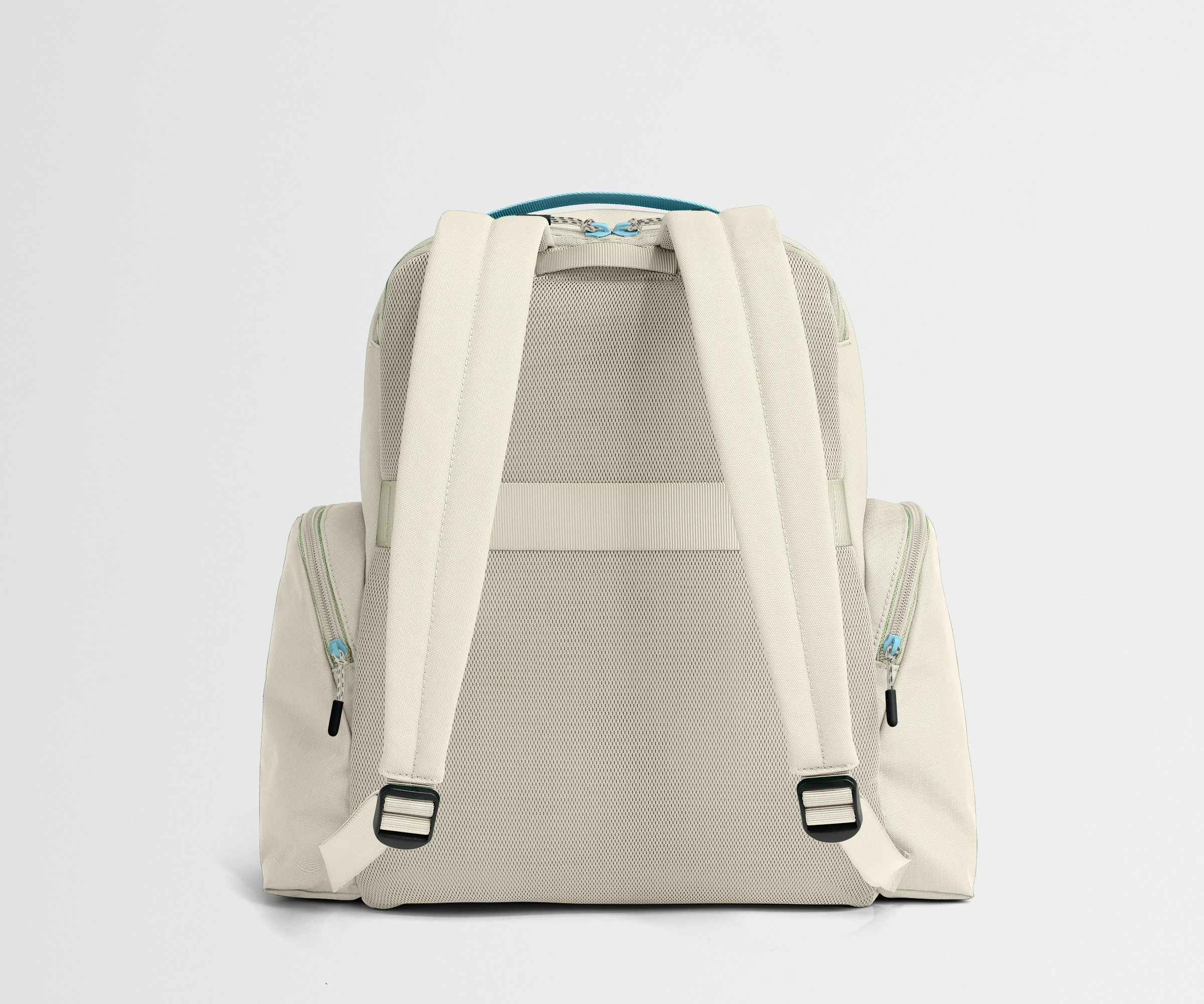 Backpack with beige straps on a light gray background