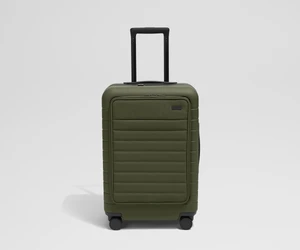 Front product view of The Front Pocket Bigger Carry-On suitcase in Olive Green with raised handle